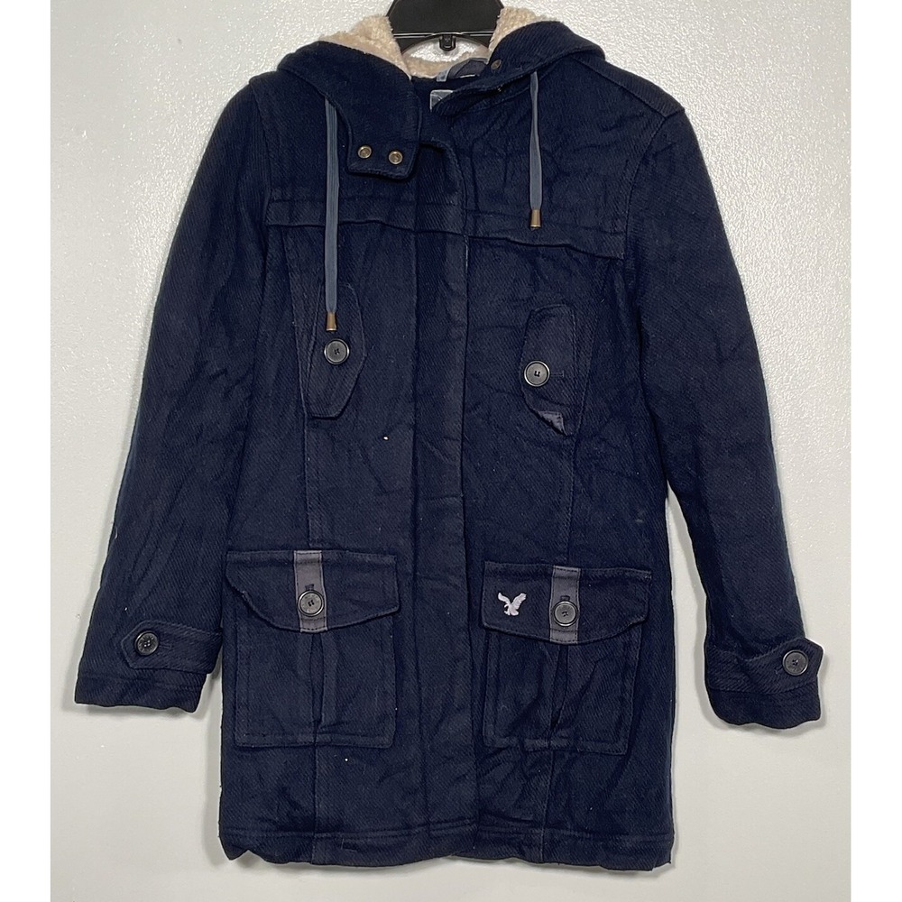 american eagle jacket womens Medium Blue hooded sherpa lined multi pocket